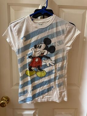 Disney White & Light Blue Striped Mickey Mouse Tee